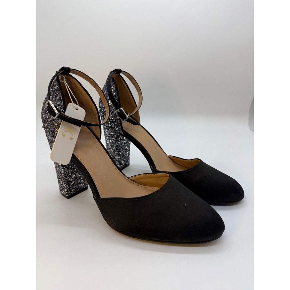Pumps Womens size 10 Black Glitter Block Heel Ankle Strap Shoe Formal Prom New